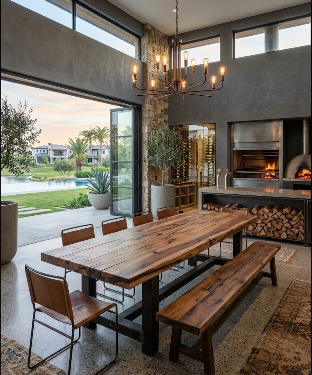 Mesa de comedor en madera de guayubirá, junto a un fuego encendido al atardecer