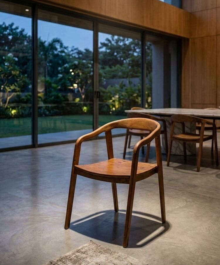 Silla de autor en madera maciza, apoyabrazos curvos